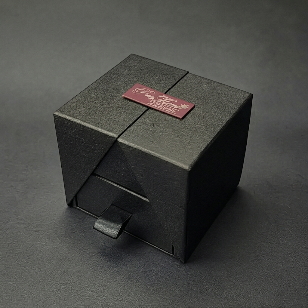 Drawer box hitam dengan tekstur dan label logo